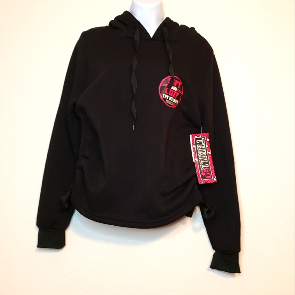 Thrill 94 Women's Cozy Black Long Sleeve Side Ruching Hooded Sweatshirt Large